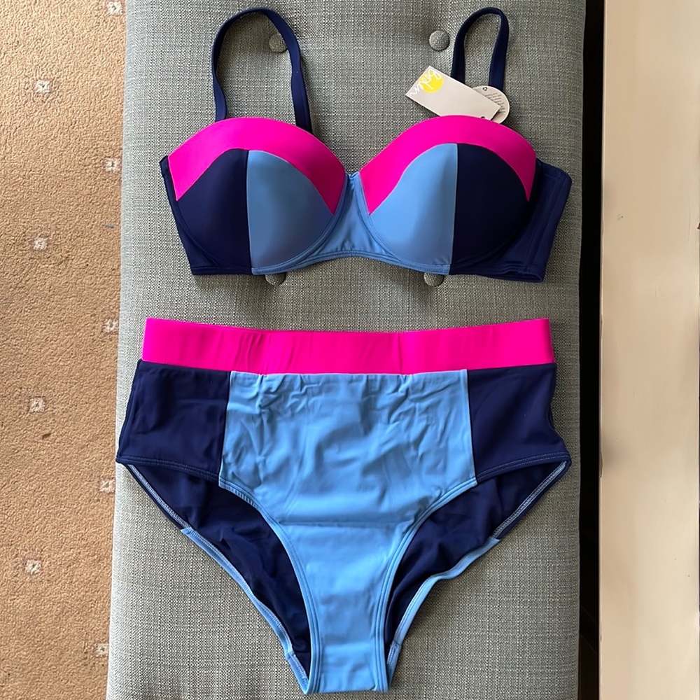 Boden High Waisted Color Block Bikini with removable straps 36DD/14 NWT